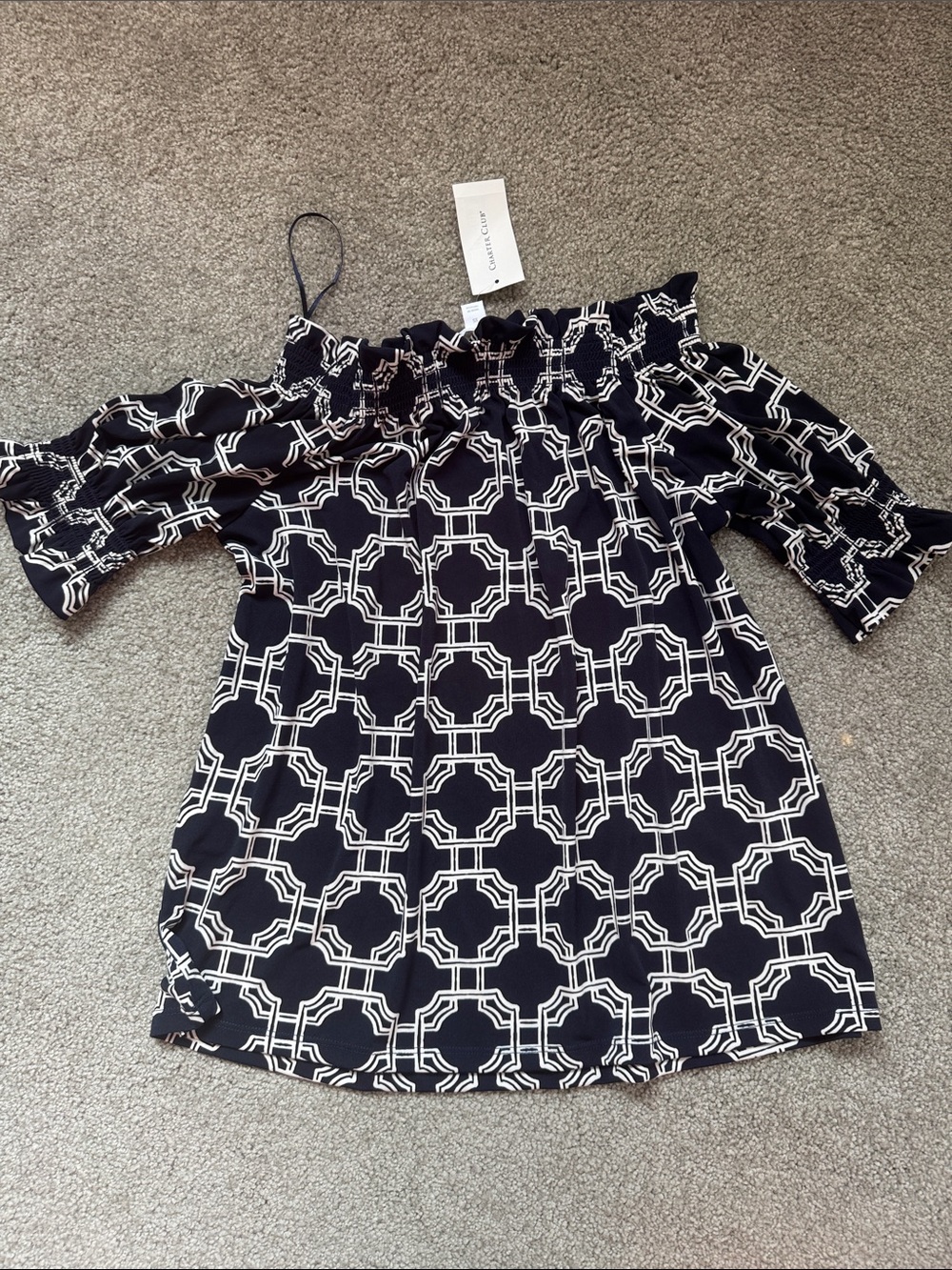 Calvin Klein Navy and White Geometric Off-Shoulder Tunic
